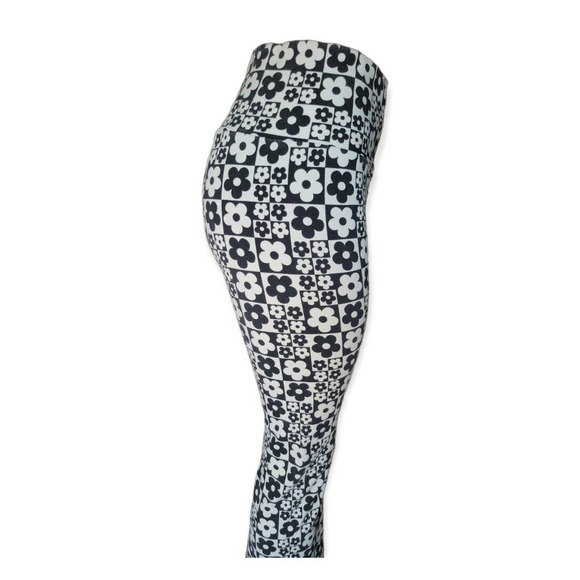 Y2K Retro 70's Floral Print‎ High Rise Flare Leggings Black White - Picture 8 of 9